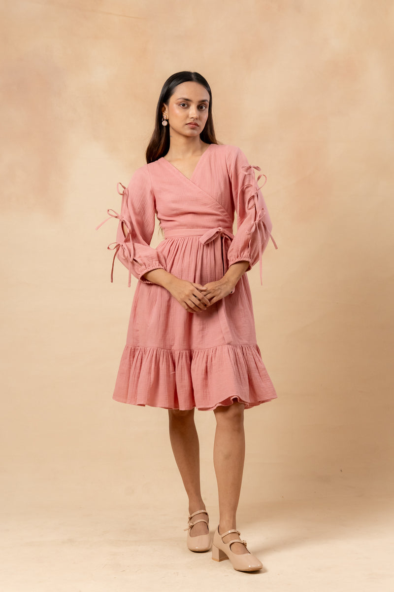 Petal Belted Dress organic cotton gauge by Doodlage in pink color for women in Singapore