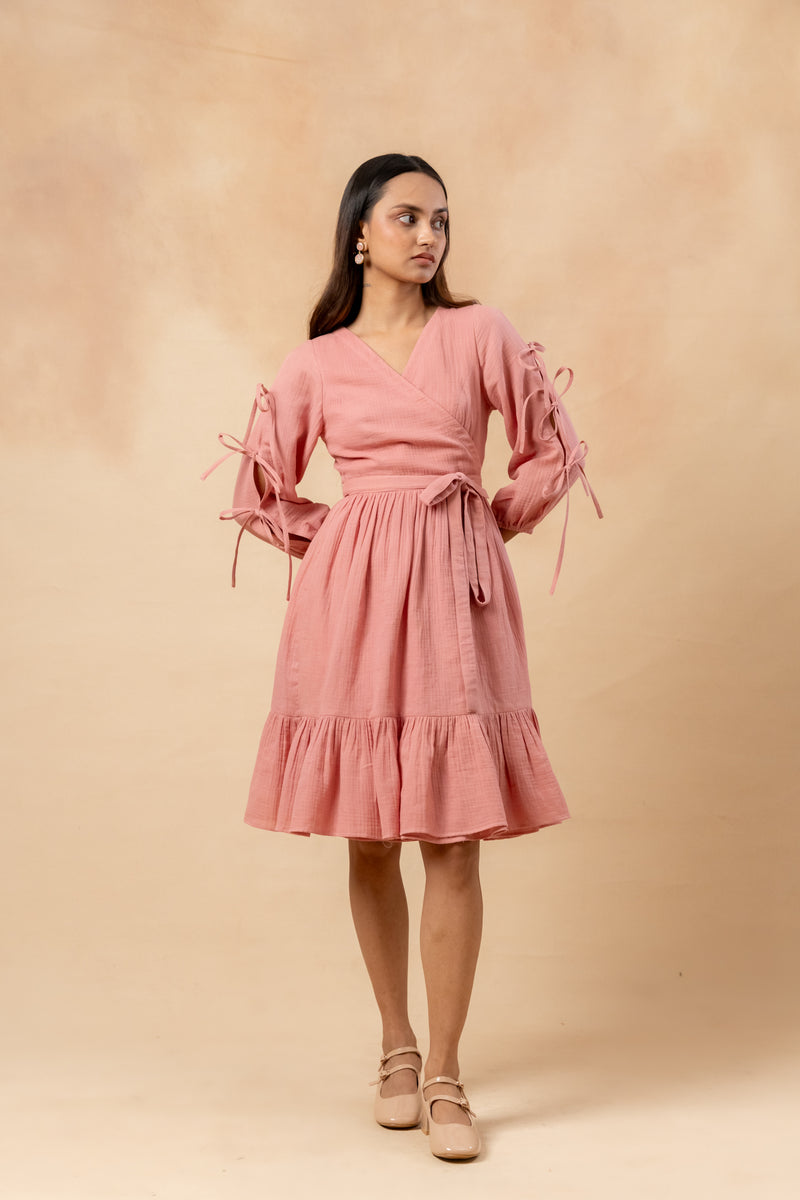 Petal Belted Dress organic cotton gauge by Doodlage in pink color for women in Singapore