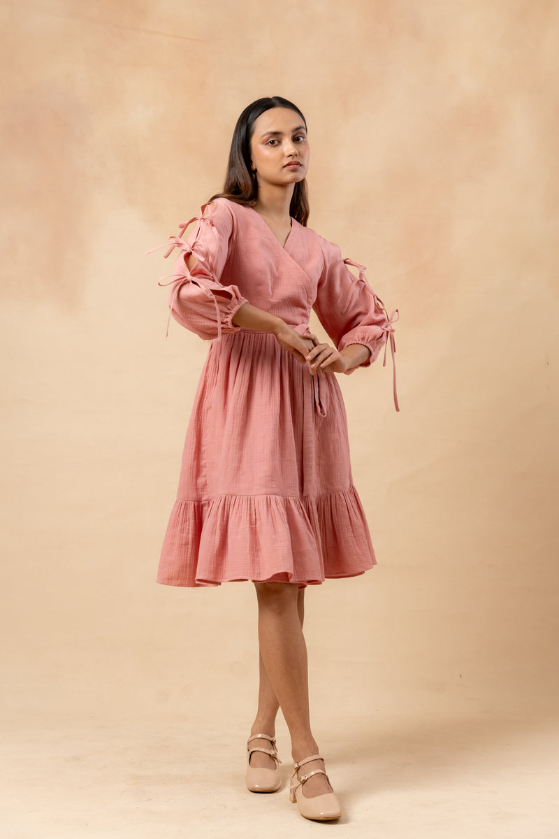 Petal Belted Dress organic cotton gauge by Doodlage in pink color for women in Singapore