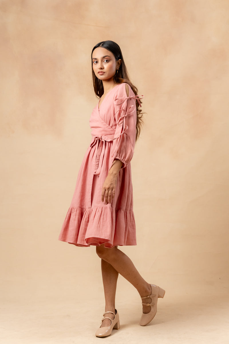 Petal Belted Dress organic cotton gauge by Doodlage in pink color for women in Singapore
