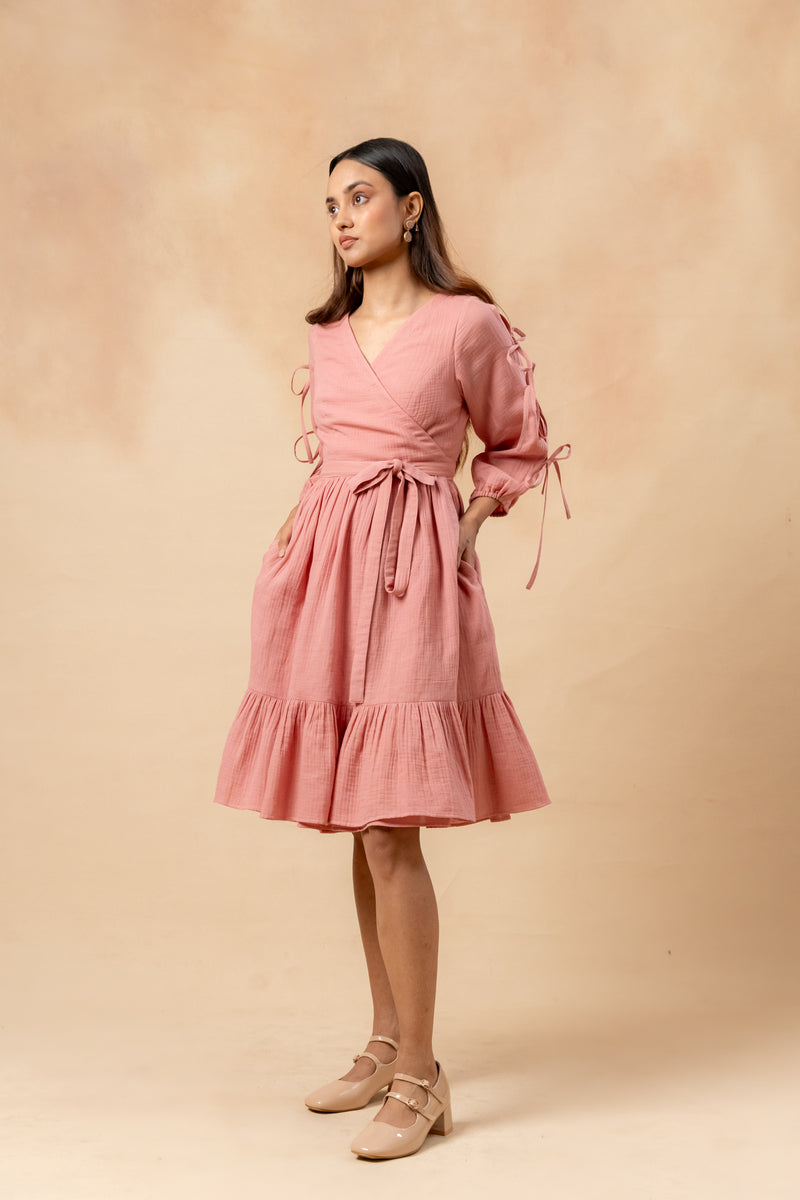Petal Belted Dress organic cotton gauge by Doodlage in pink color for women in Singapore