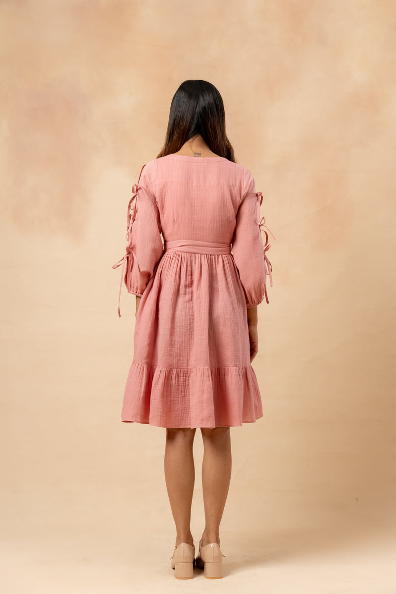 Petal Belted Dress organic cotton gauge by Doodlage in pink color for women in Singapore