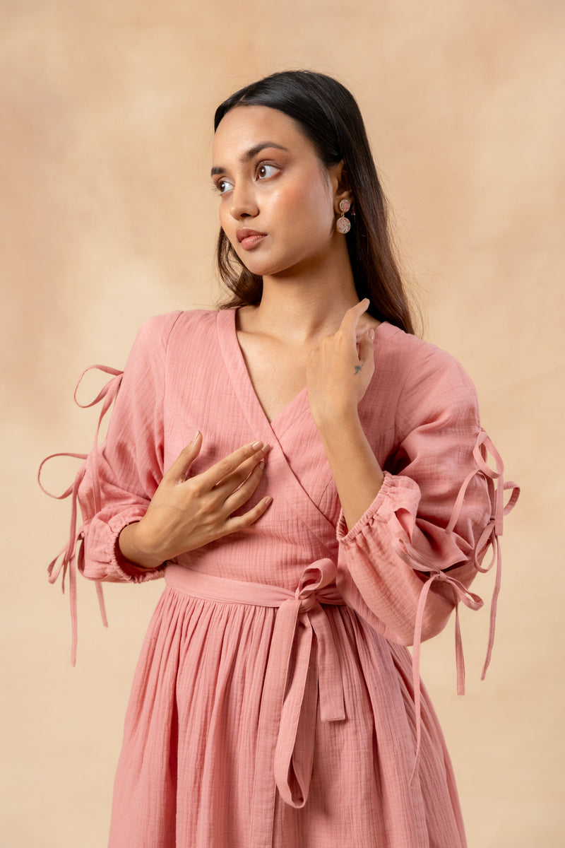 Petal Belted Dress organic cotton gauge by Doodlage in pink color for women in Singapore