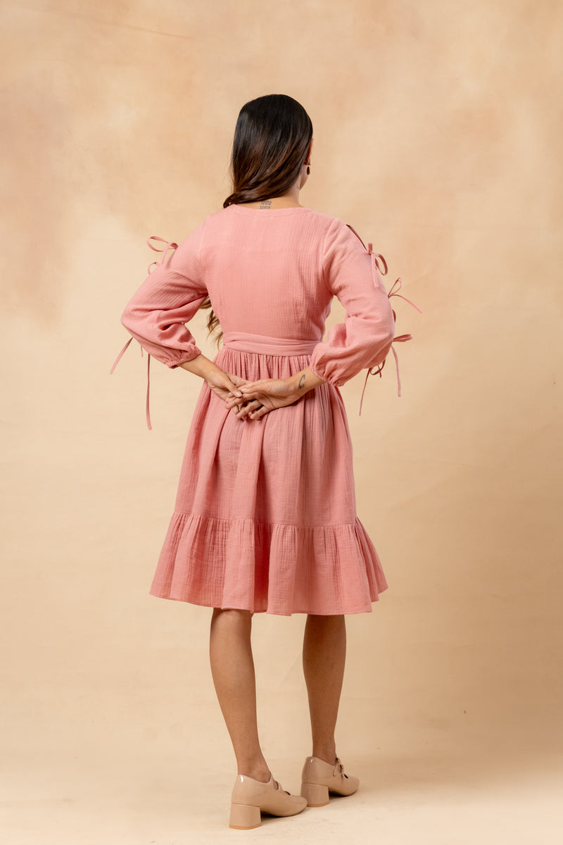 Petal Belted Dress organic cotton gauge by Doodlage in pink color for women in Singapore