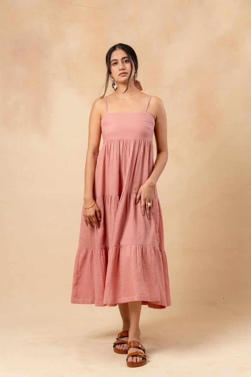 Cloudberry Kiss Dress organic cotton gauge by Doodlage in pink color for women in Singapore