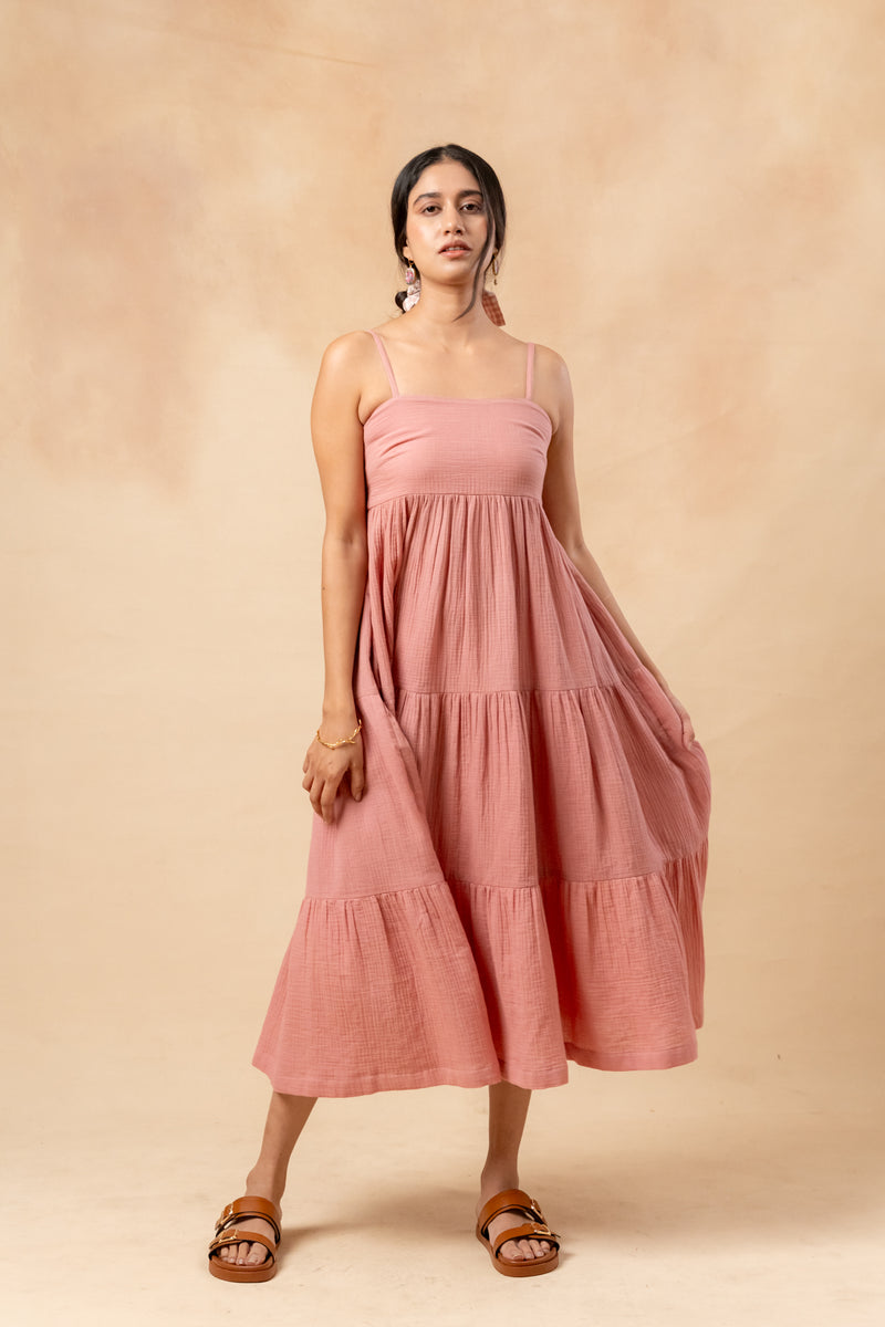 Cloudberry Kiss Dress organic cotton gauge by Doodlage in pink color for women in Singapore