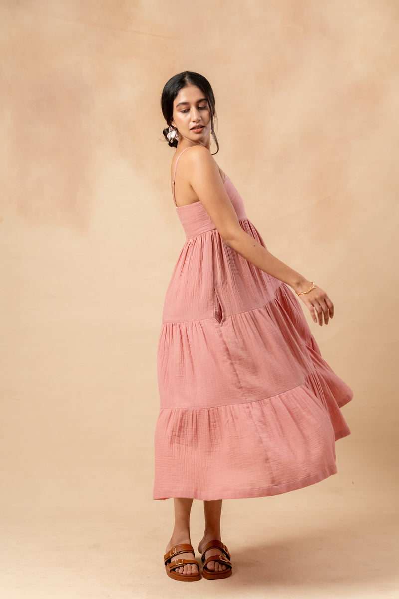 Cloudberry Kiss Dress organic cotton gauge by Doodlage in pink color for women in Singapore