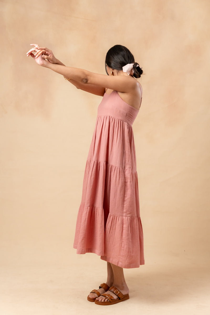 Cloudberry Kiss Dress organic cotton gauge by Doodlage in pink color for women in Singapore