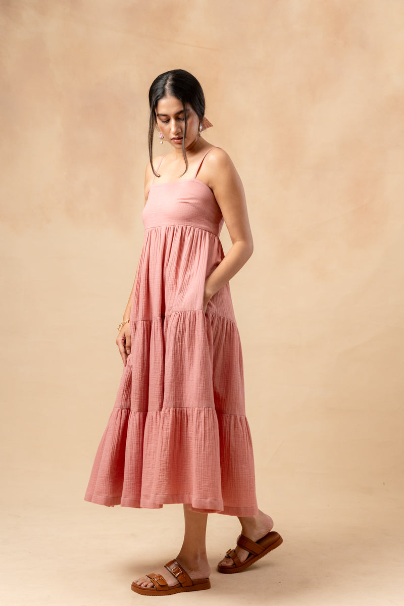 Cloudberry Kiss Dress organic cotton gauge by Doodlage in pink color for women in Singapore