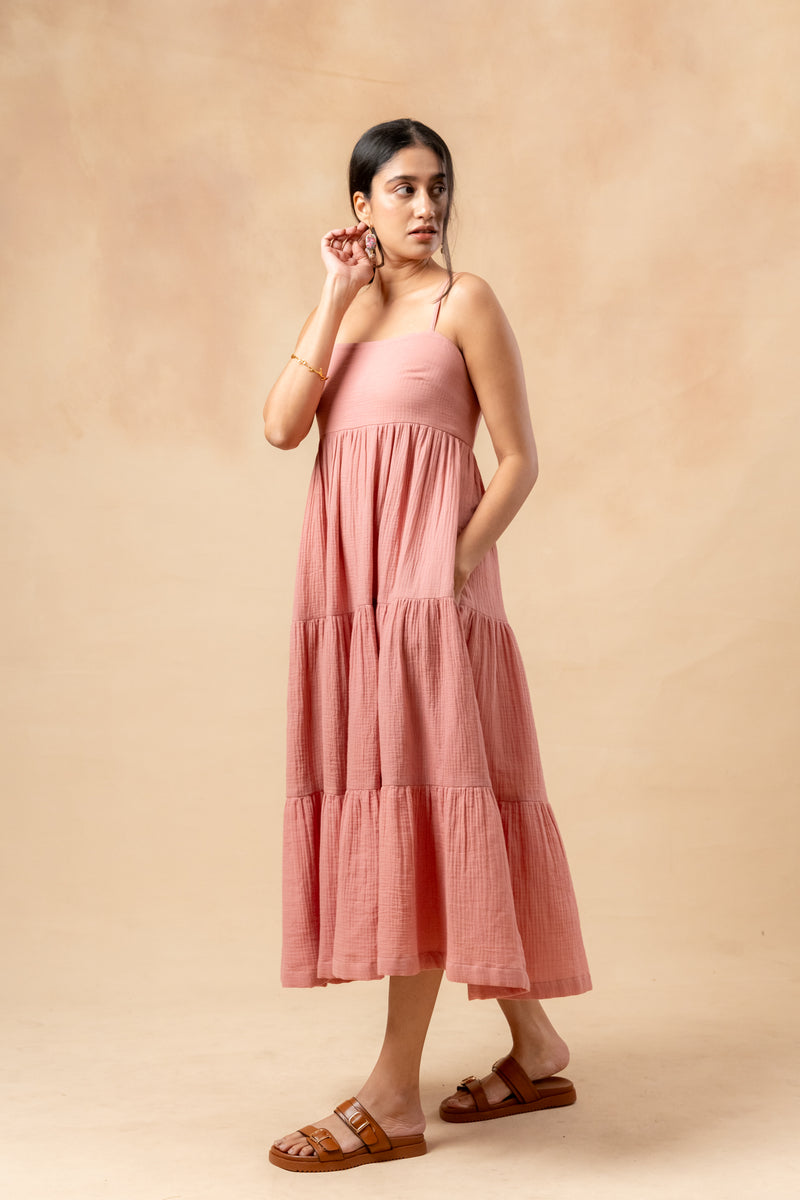 Cloudberry Kiss Dress organic cotton gauge by Doodlage in pink color for women in Singapore