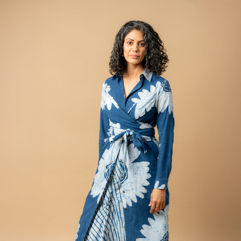 Thea batik flower dress by Doodlage in blue color for women in Singapore