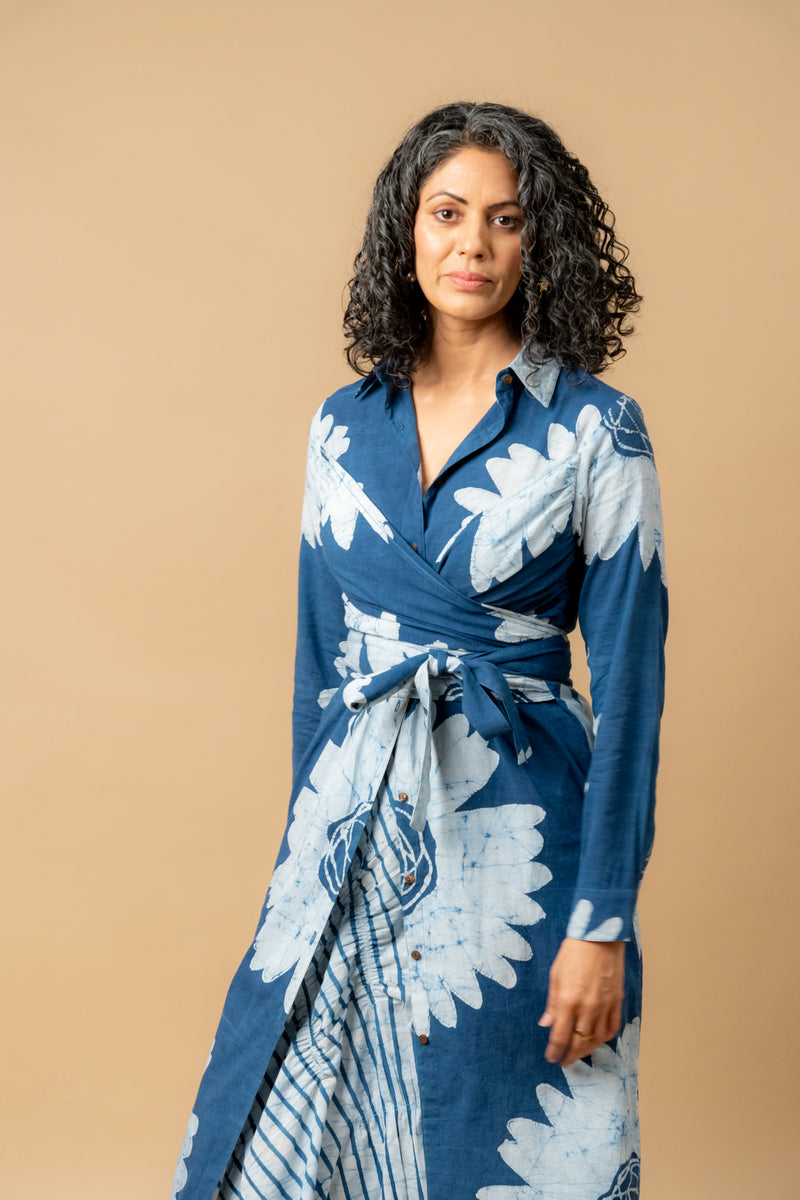 Thea batik flower dress by Doodlage in blue color for women in Singapore