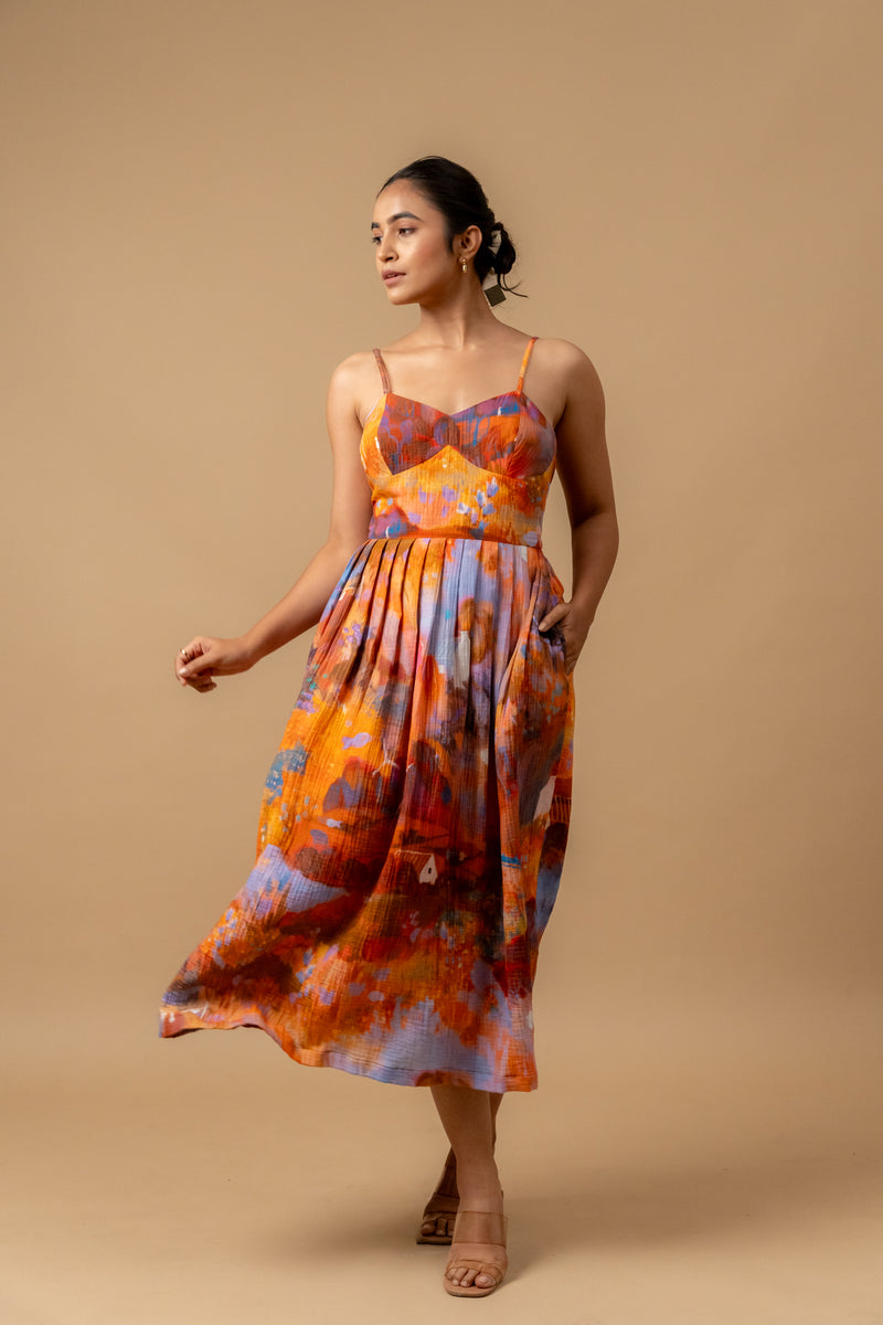 Mary printed dress-Rust organic cotton gauge by Doodlage in multi color for women in Singapore