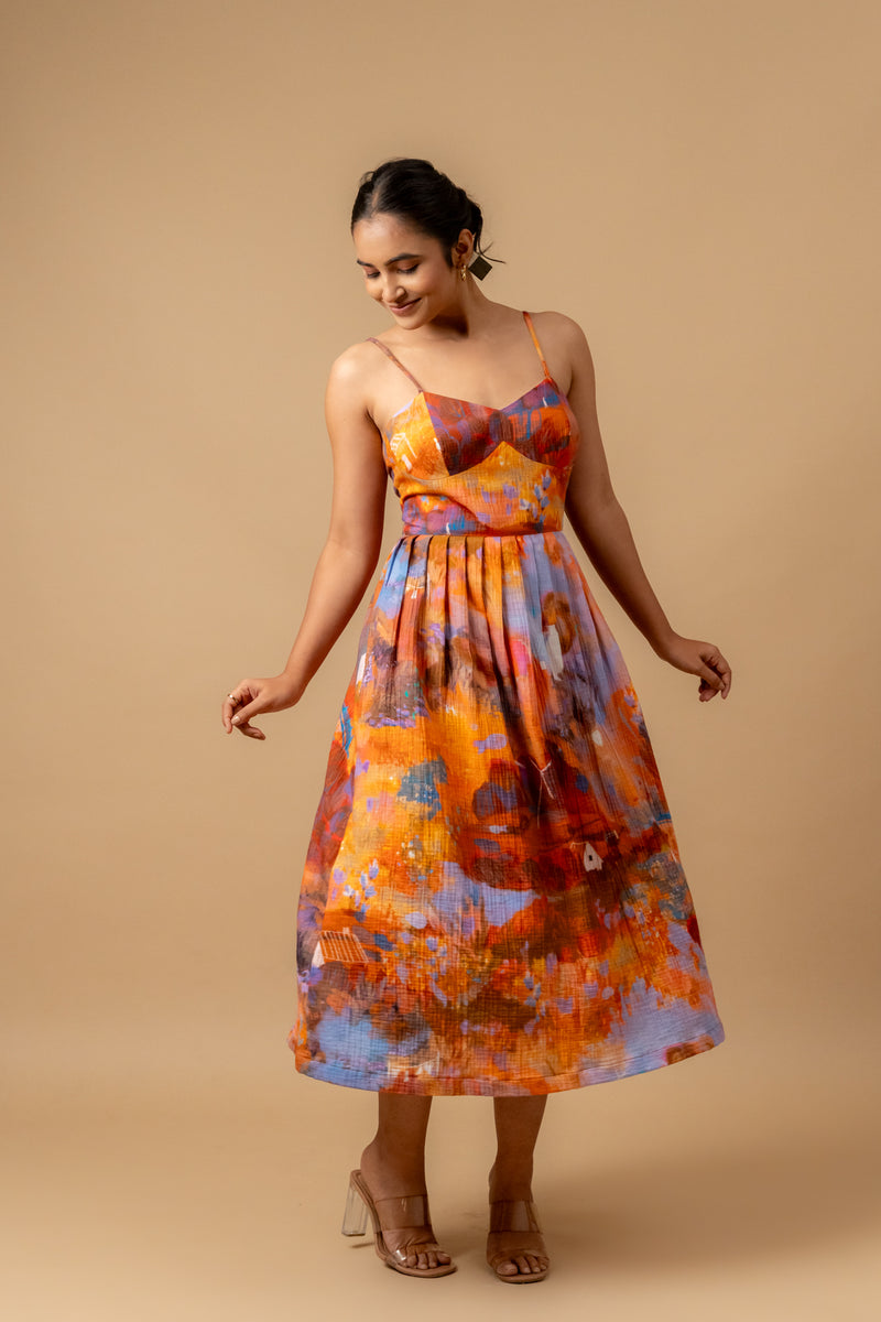 Mary printed dress-Rust organic cotton gauge by Doodlage in multi color for women in Singapore