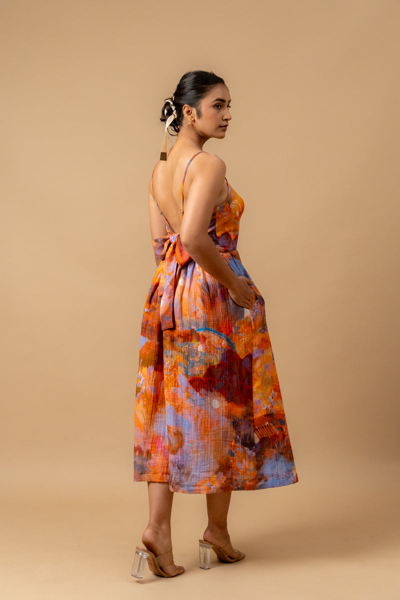 Mary printed dress-Rust organic cotton gauge by Doodlage in multi color for women in Singapore