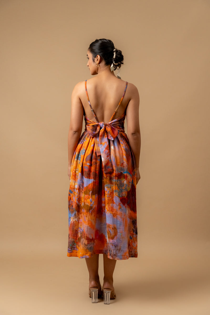 Mary printed dress-Rust organic cotton gauge by Doodlage in multi color for women in Singapore
