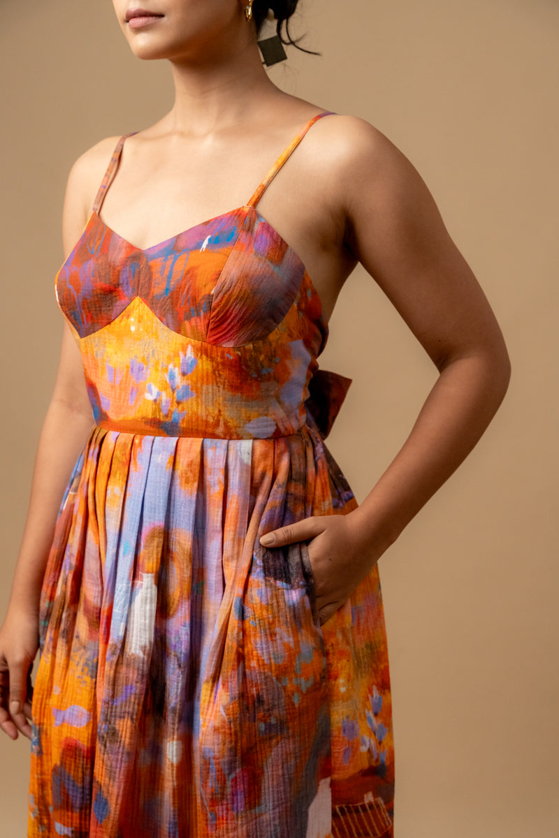 Mary printed dress-Rust organic cotton gauge by Doodlage in multi color for women in Singapore