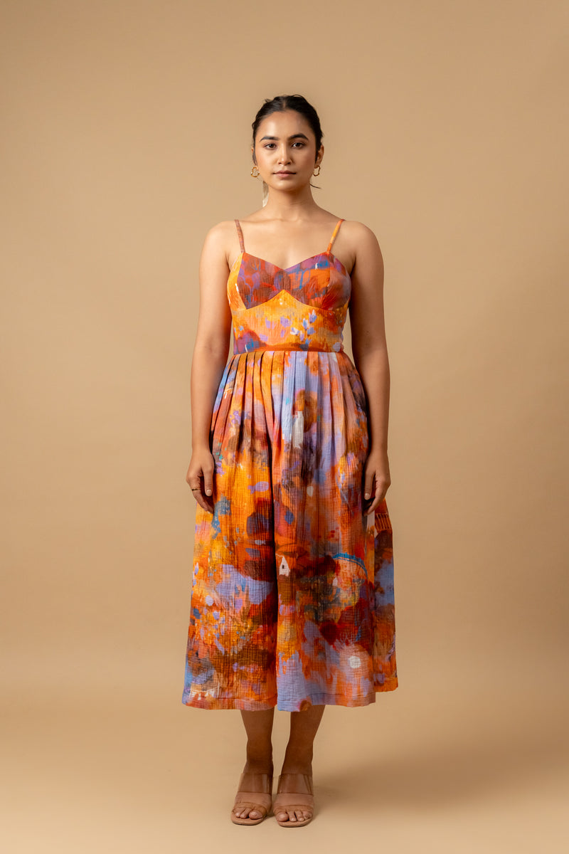 Mary printed dress-Rust organic cotton gauge by Doodlage in multi color for women in Singapore