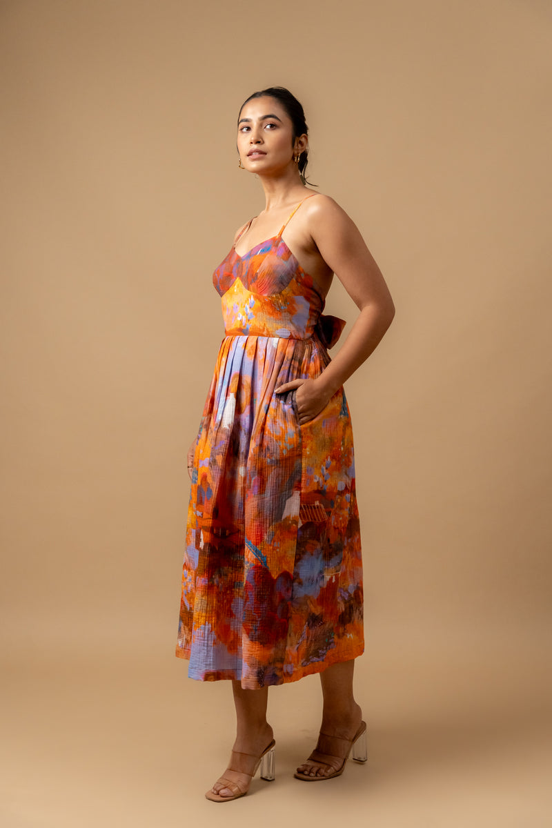Mary printed dress-Rust organic cotton gauge by Doodlage in multi color for women in Singapore