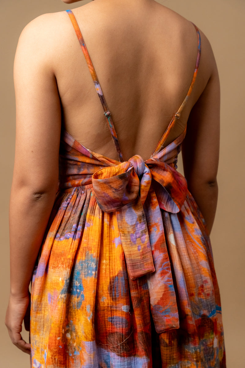 Mary printed dress-Rust organic cotton gauge by Doodlage in multi color for women in Singapore