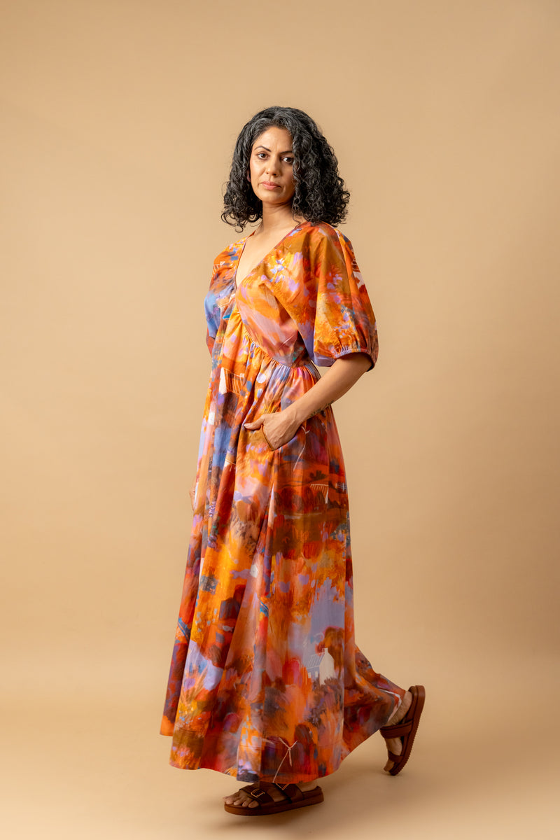 Dewbell printed dress organic cotton gauge by Doodlage in multi color for women in Singapore