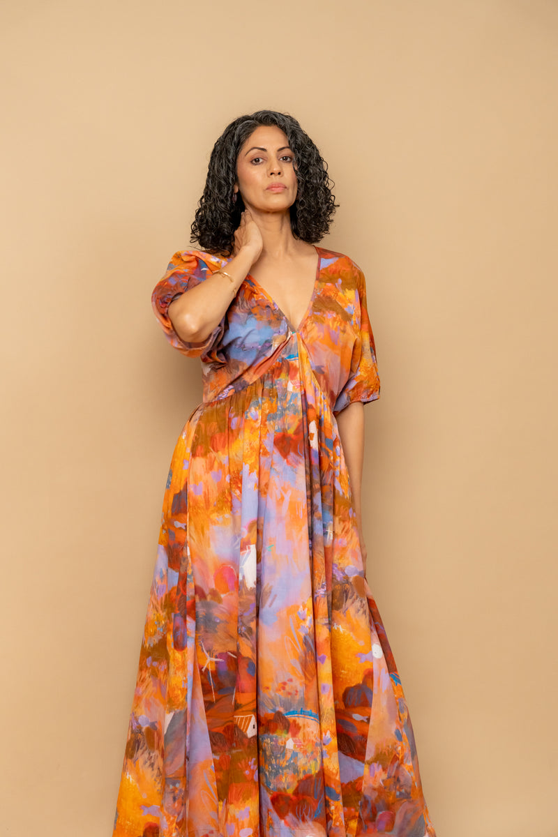 Dewbell printed dress organic cotton gauge by Doodlage in multi color for women in Singapore