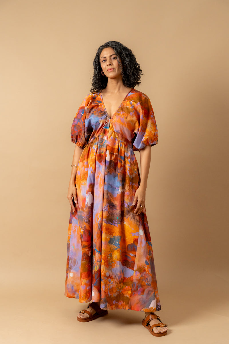 Dewbell printed dress organic cotton gauge by Doodlage in multi color for women in Singapore