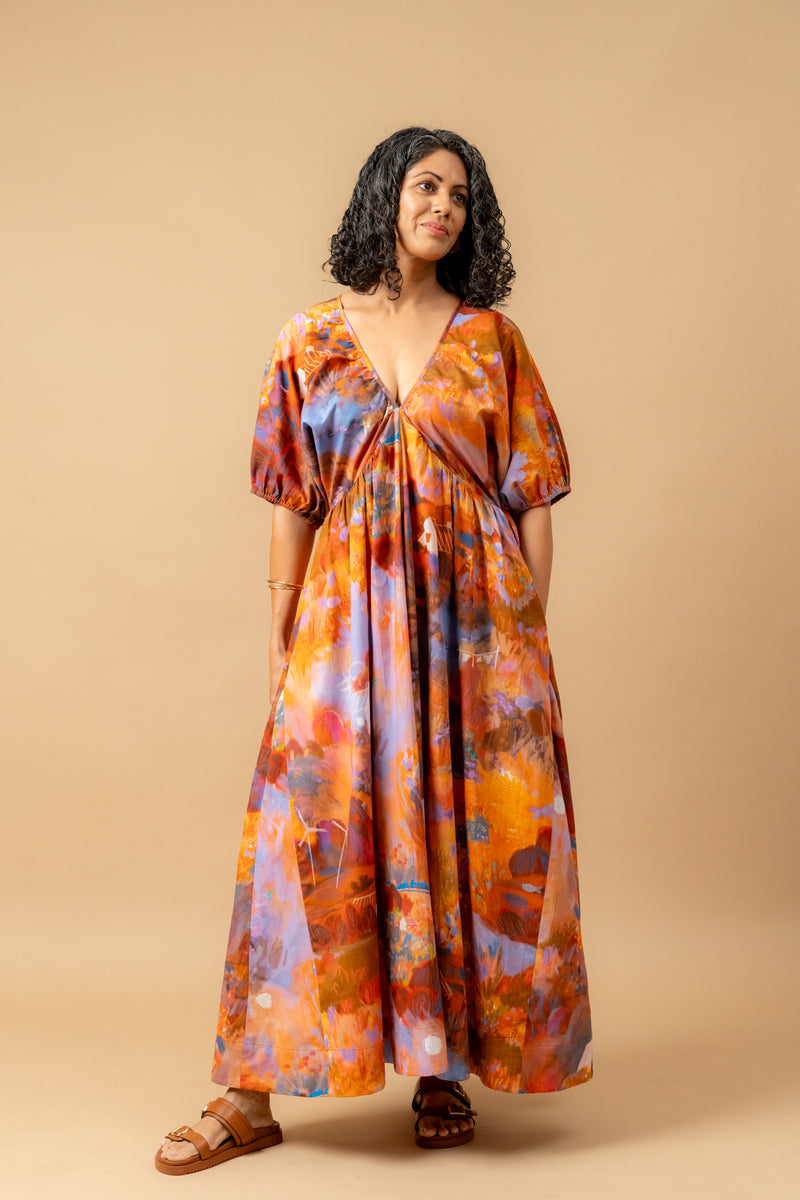 Dewbell printed dress organic cotton gauge by Doodlage in multi color for women in Singapore