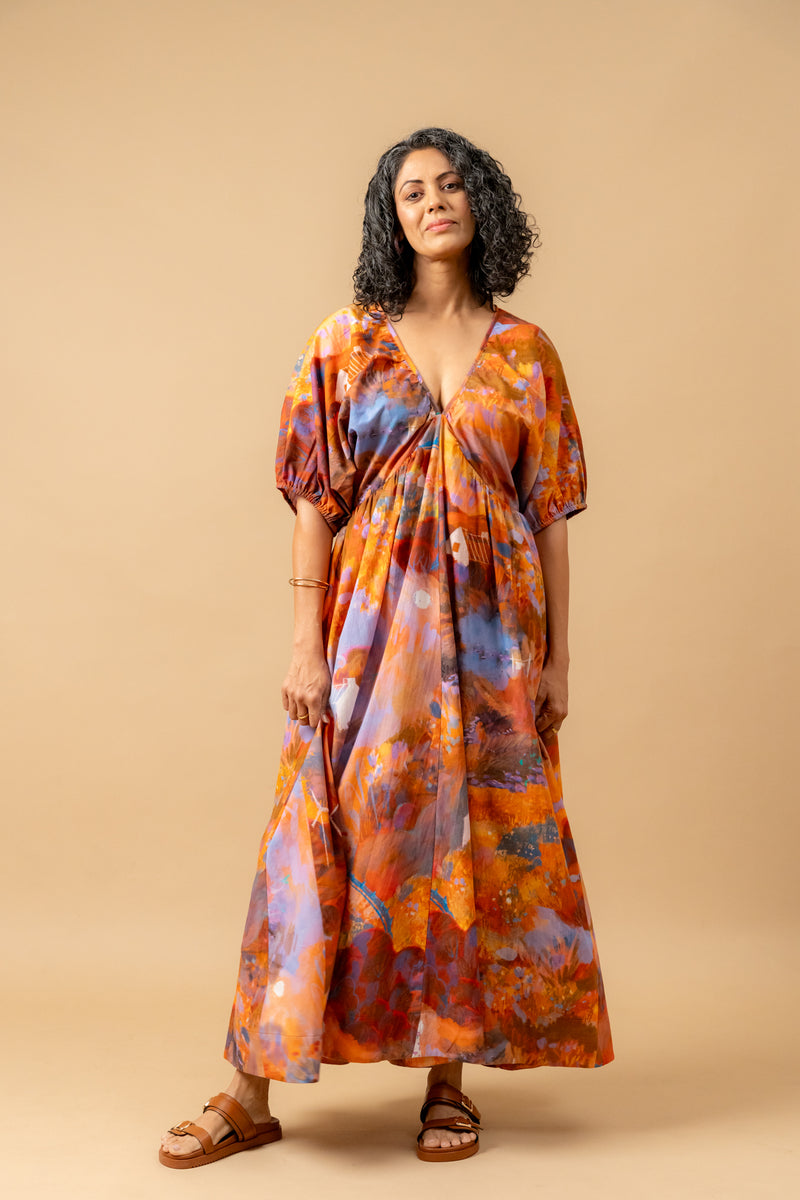 Dewbell printed dress organic cotton gauge by Doodlage in multi color for women in Singapore