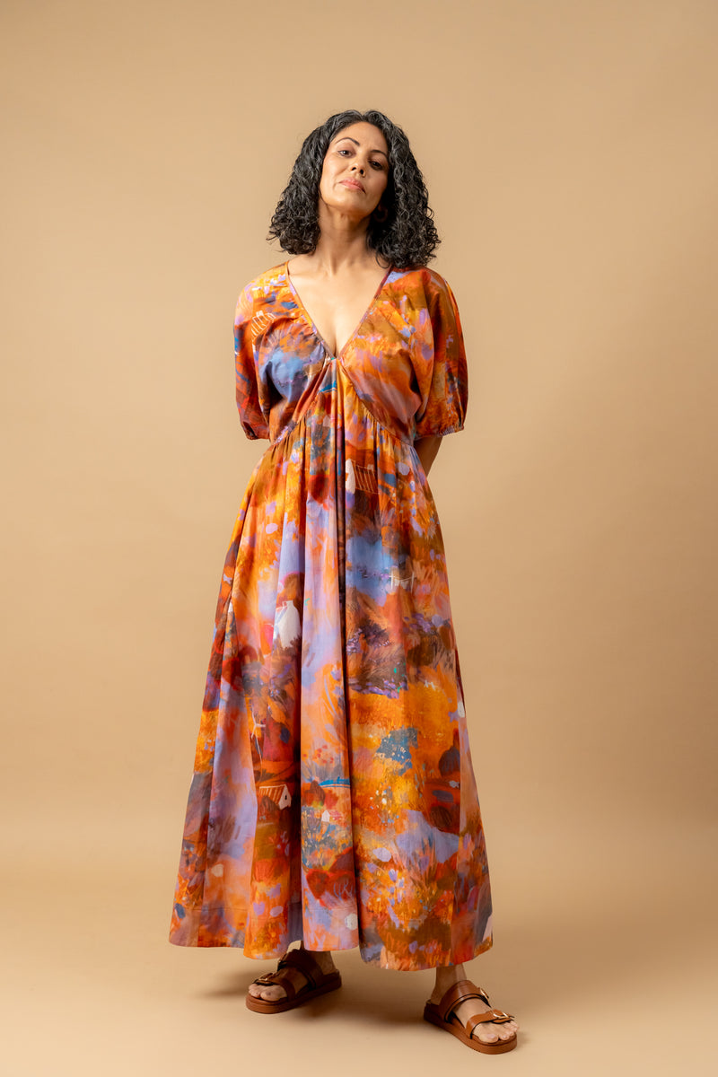 Dewbell printed dress organic cotton gauge by Doodlage in multi color for women in Singapore