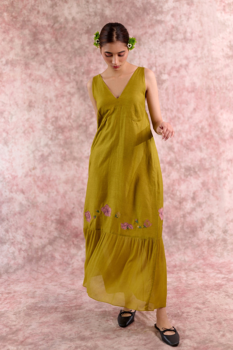 Iris Embroidered Dress georgette by Doodlage in green color for women in Singapore