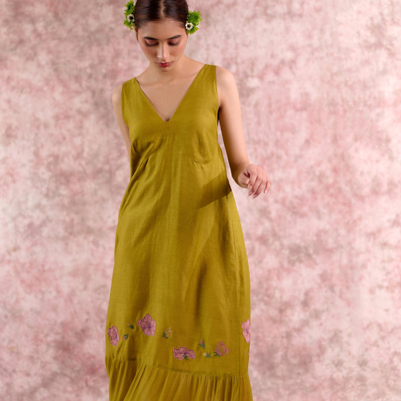Iris Embroidered Dress georgette by Doodlage in green color for women in Singapore