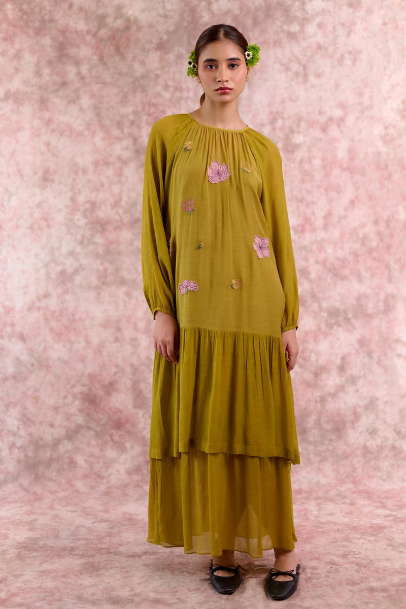 Twig embroidered dress silk by Doodlage in green color for women in Singapore