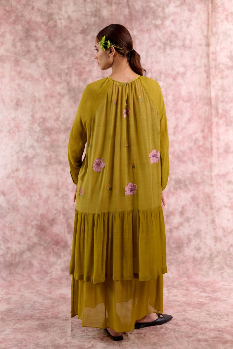 Twig embroidered dress silk by Doodlage in green color for women in Singapore