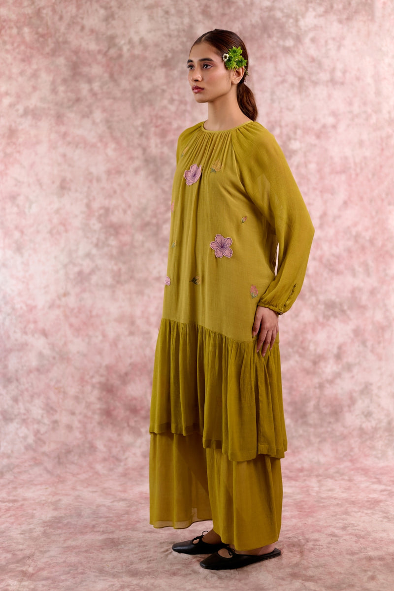 Twig embroidered dress silk by Doodlage in green color for women in Singapore