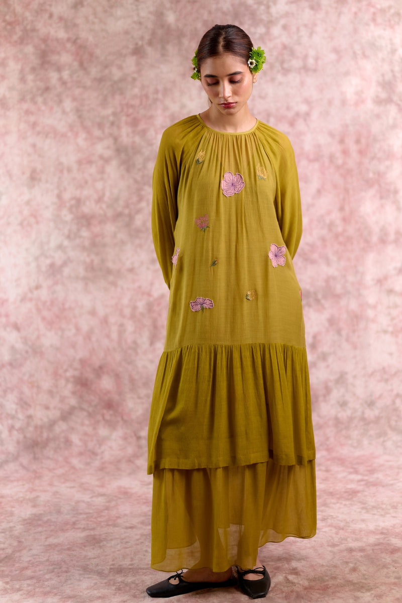 Twig embroidered dress silk by Doodlage in green color for women in Singapore