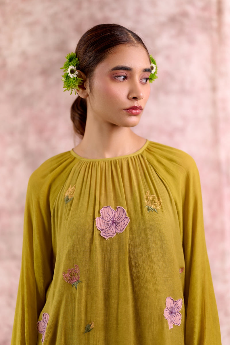 Twig embroidered dress silk by Doodlage in green color for women in Singapore