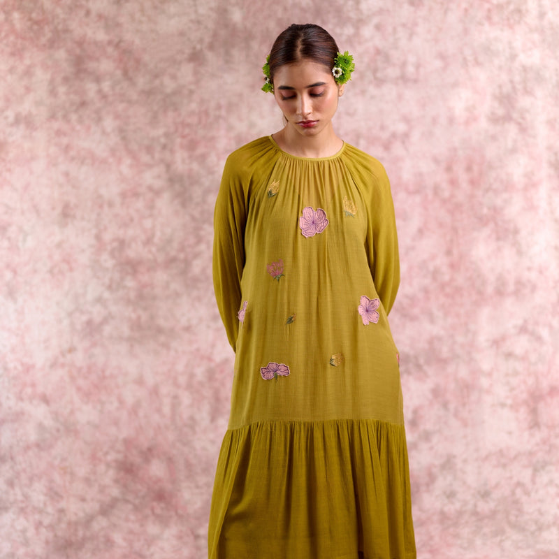 Twig embroidered dress silk by Doodlage in green color for women in Singapore