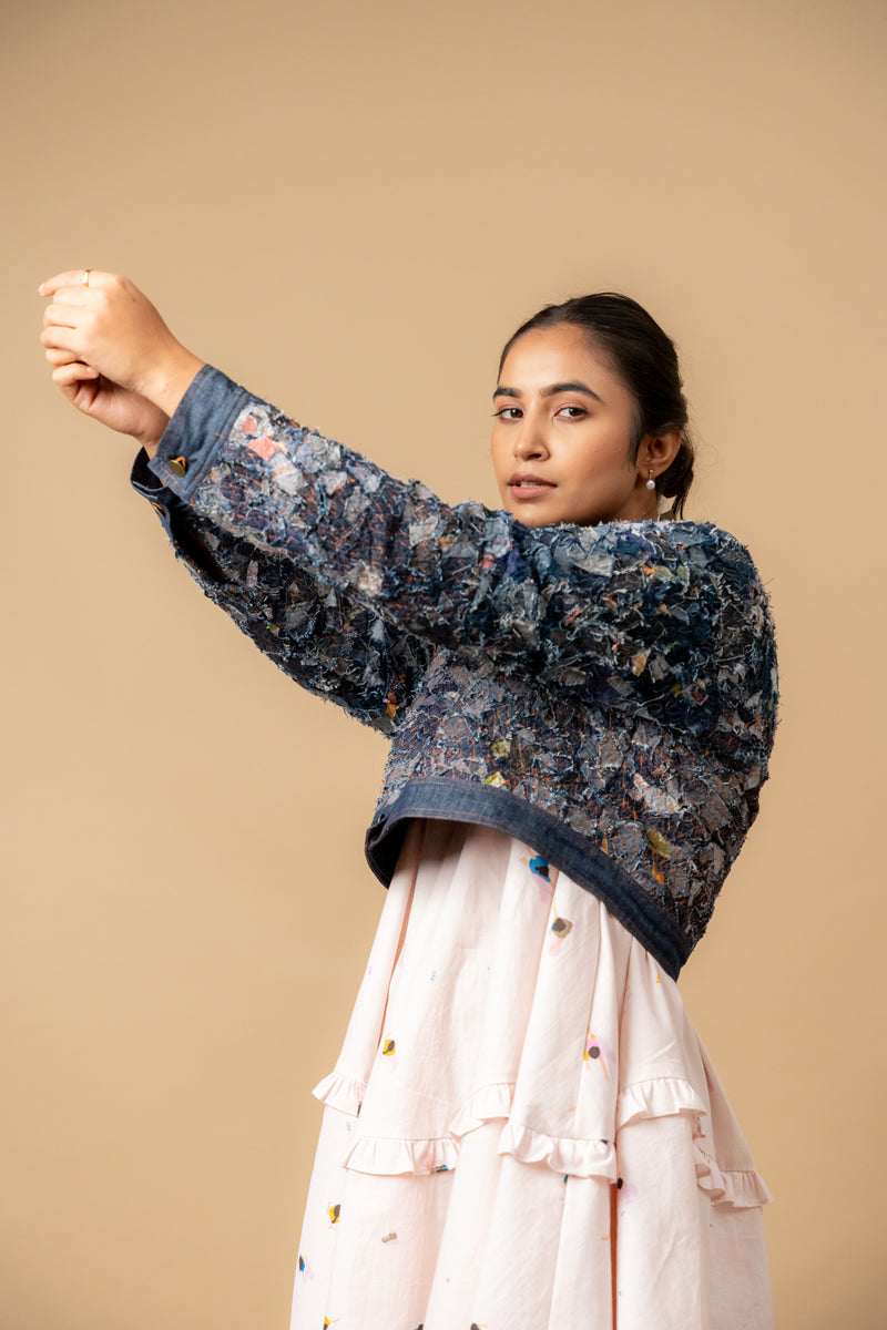 June denim textured jacket by Doodlage in navy color for women in Singapore