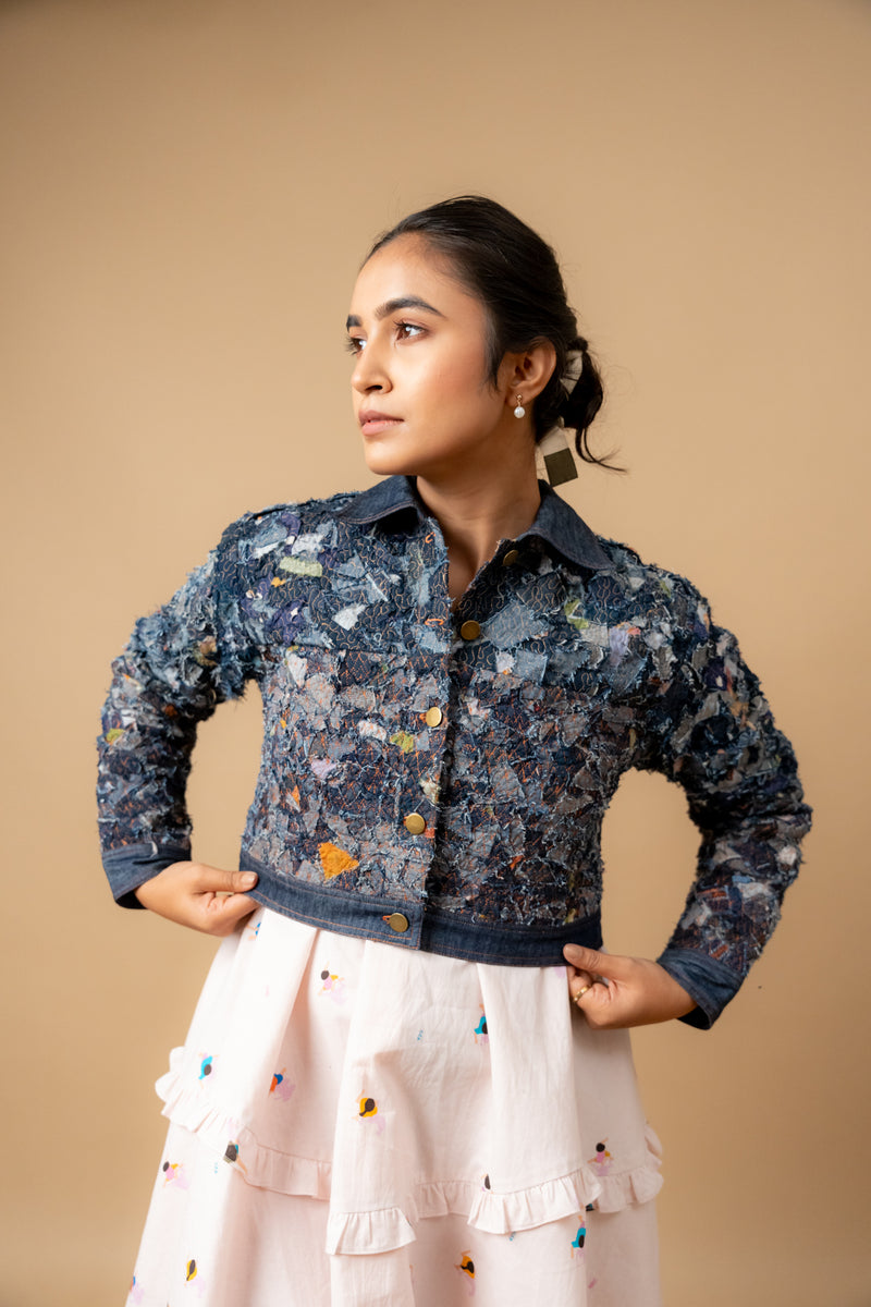 June denim textured jacket by Doodlage in navy color for women in Singapore