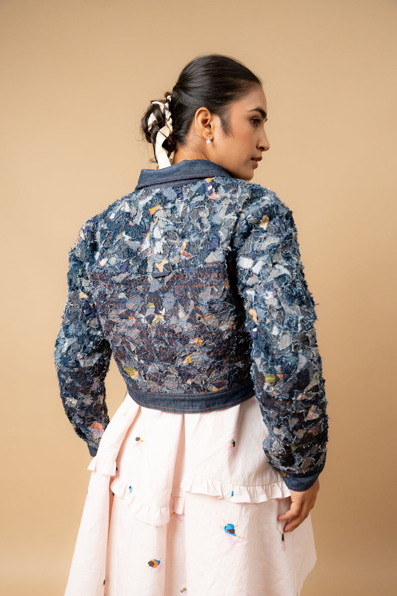 June denim textured jacket by Doodlage in navy color for women in Singapore