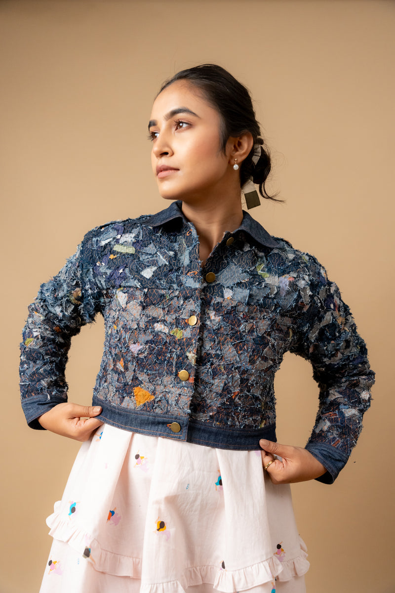 June denim textured jacket by Doodlage in navy color for women in Singapore
