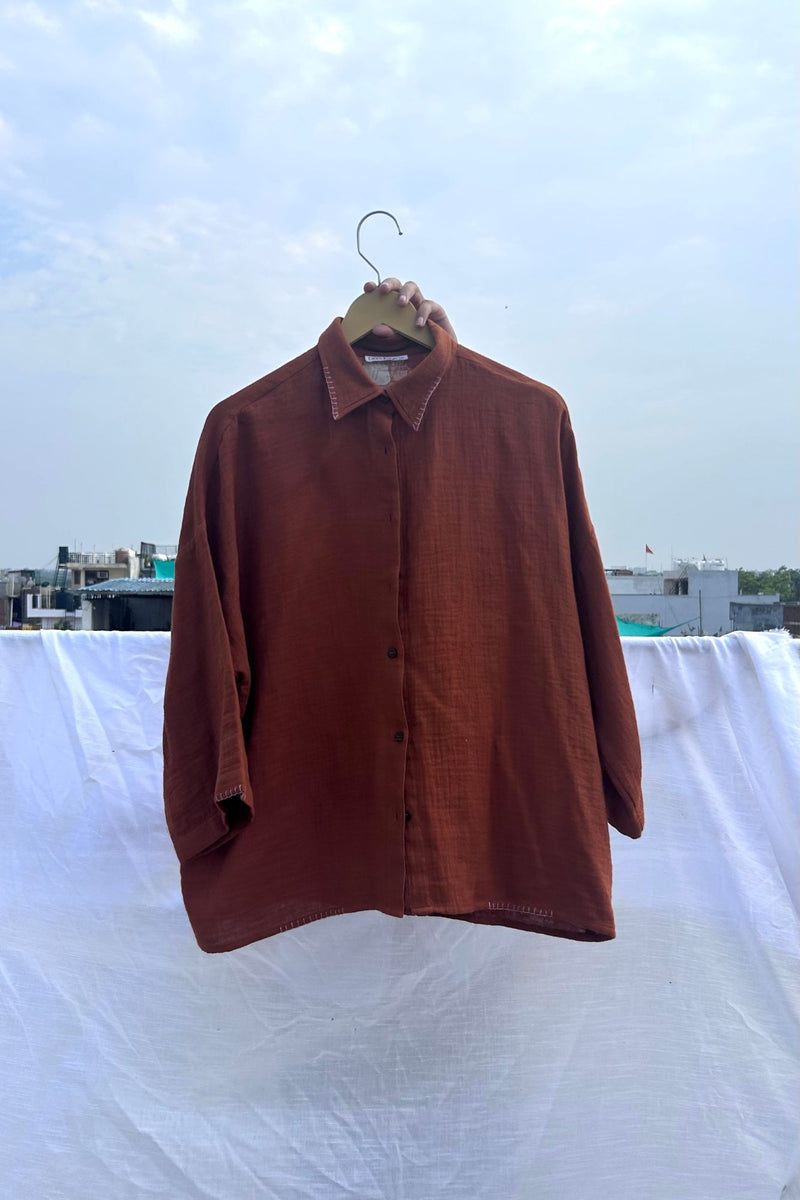 Shirin Oversized Shirt organic cotton gauge by Doodlage in rust color for women in Singapore