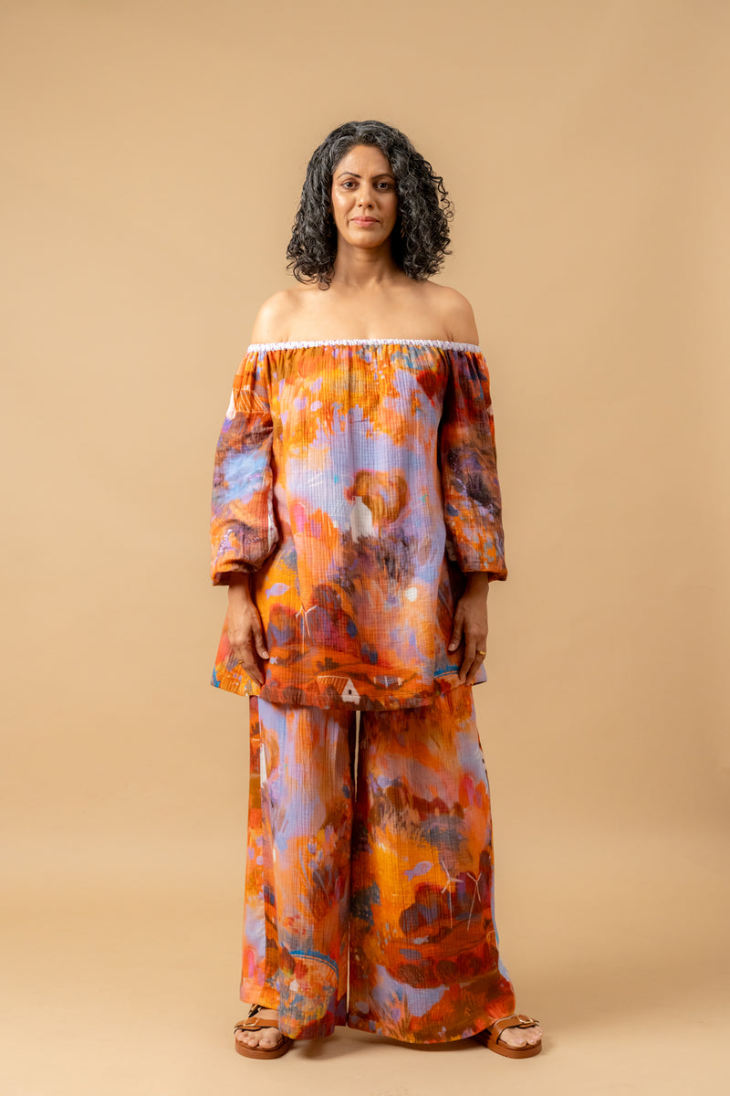 Firefly flicker printed pants organic cotton gauge by Doodlage in multi color for women in Singapore