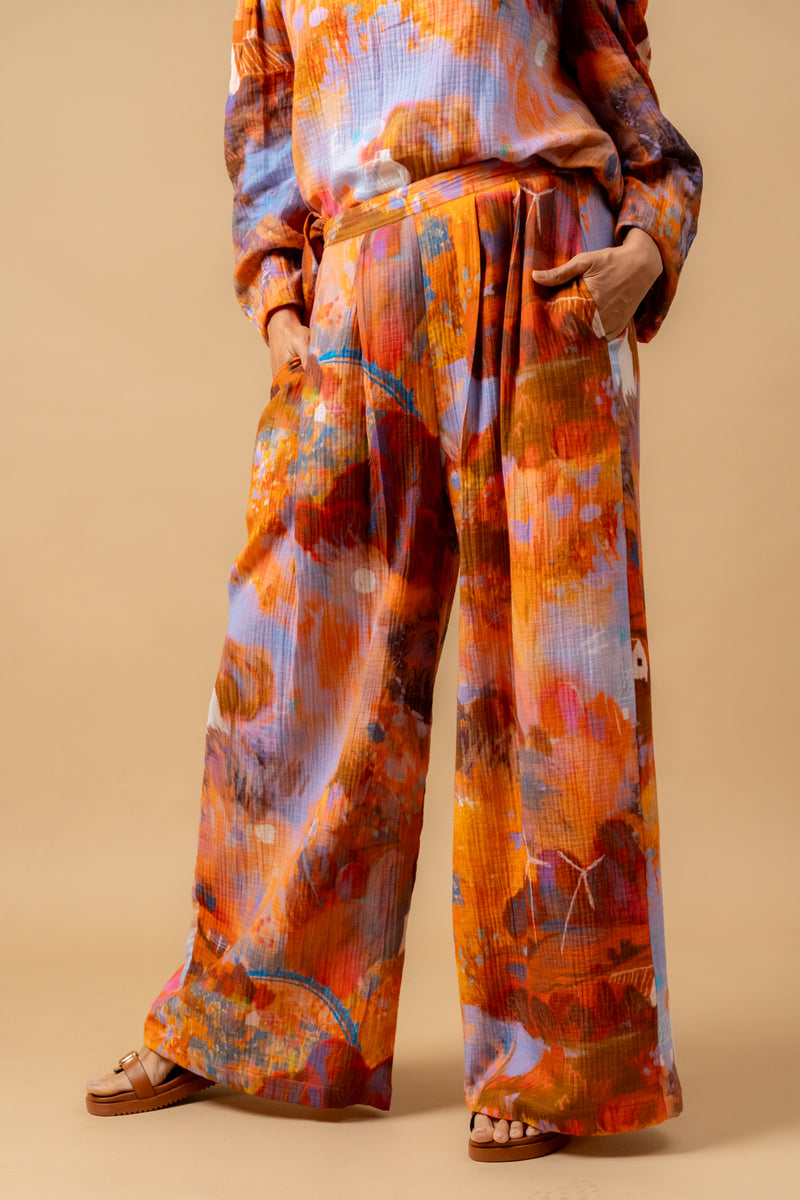 Firefly flicker printed pants organic cotton gauge by Doodlage in multi color for women in Singapore