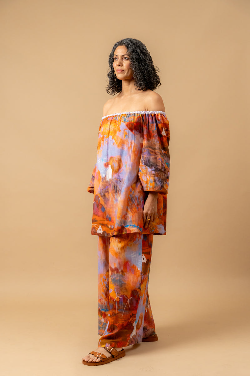 Firefly flicker printed pants organic cotton gauge by Doodlage in multi color for women in Singapore
