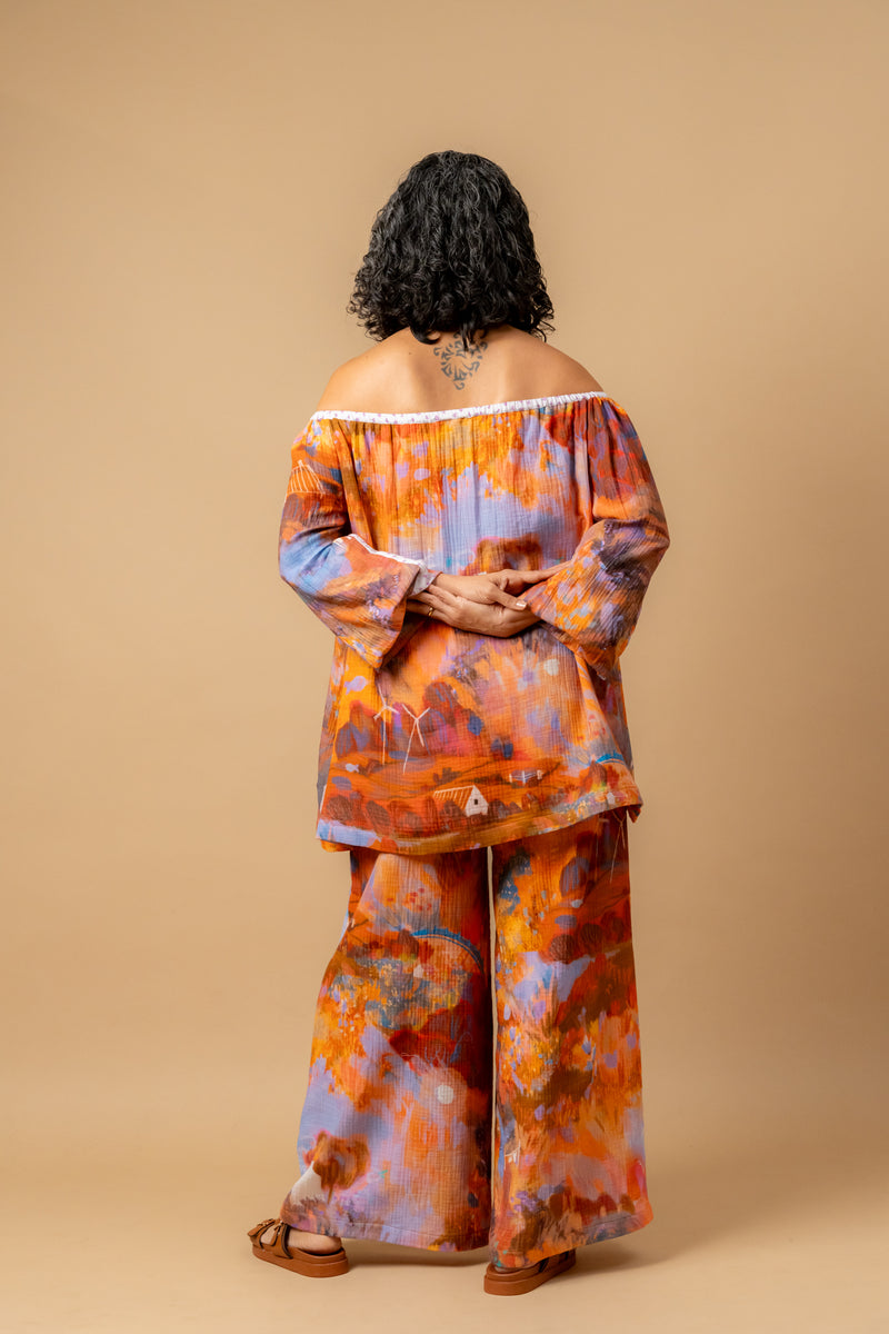 Firefly flicker printed pants organic cotton gauge by Doodlage in multi color for women in Singapore