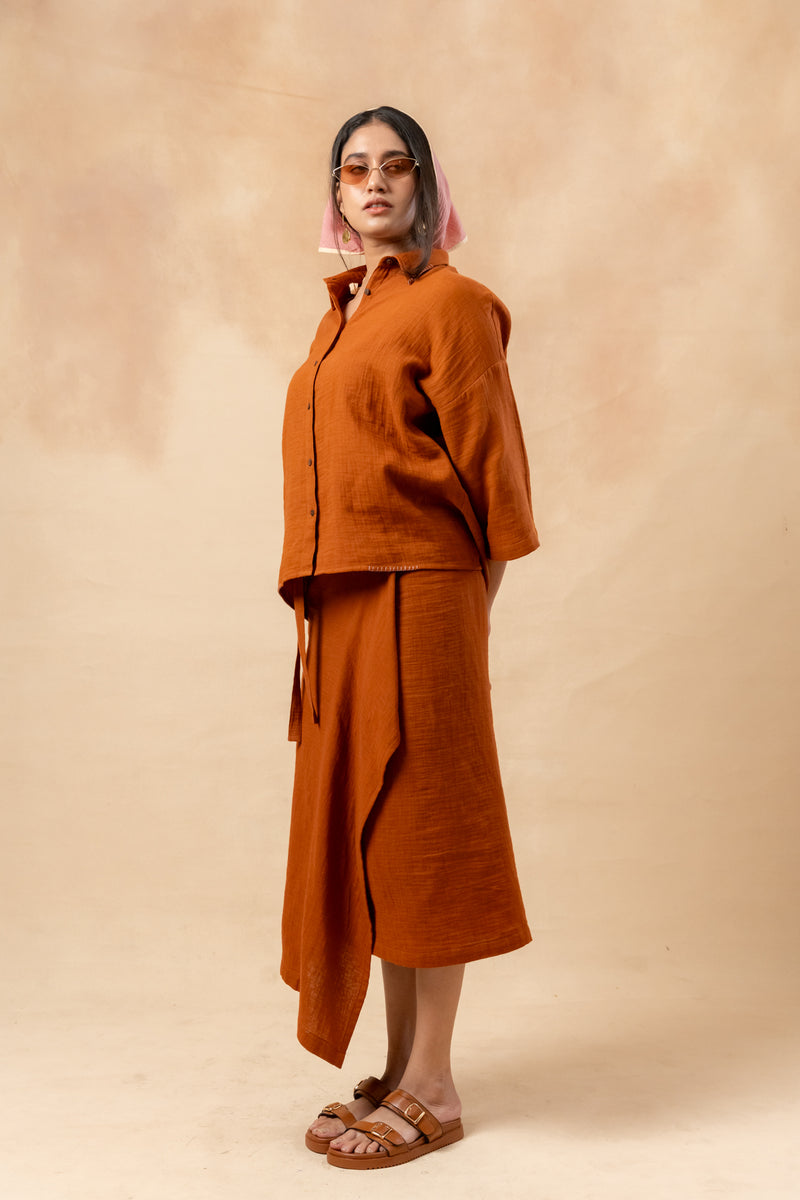 Shirin Organic Cotton Skirt organic cotton gauge by Doodlage in rust color for women in Singapore