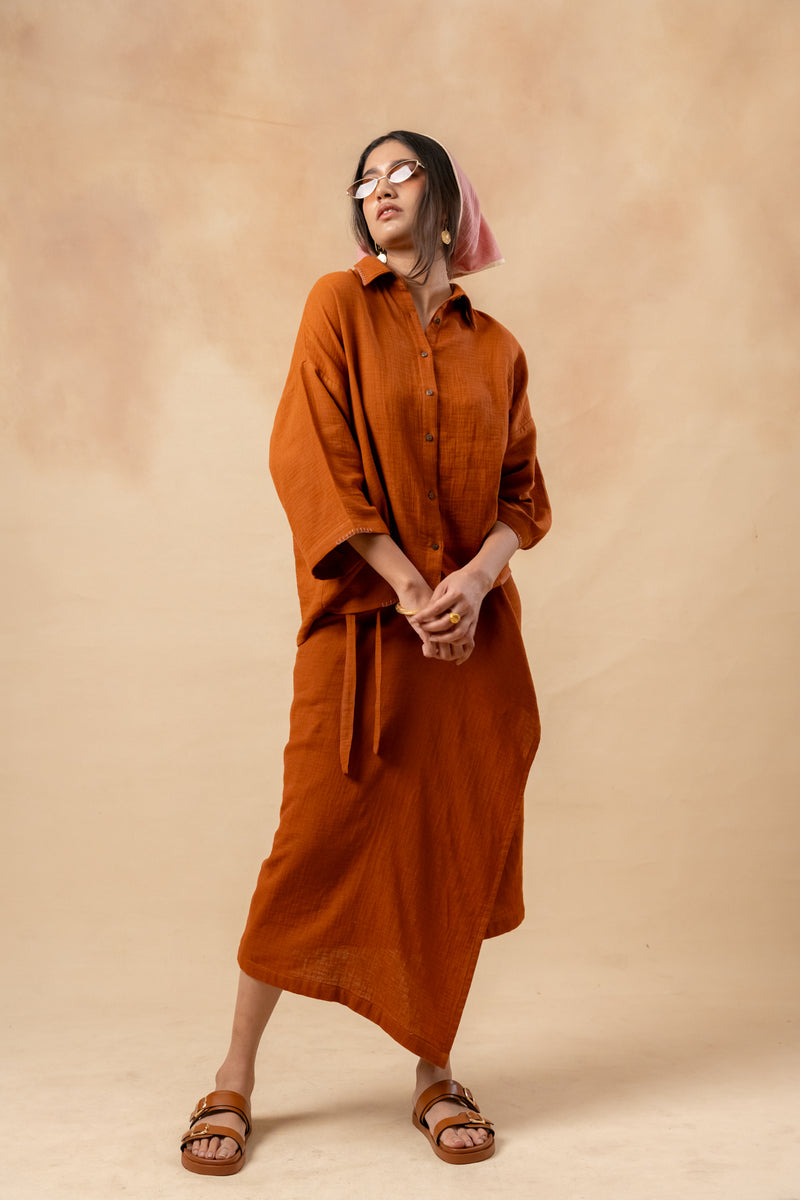 Shirin Organic Cotton Skirt organic cotton gauge by Doodlage in rust color for women in Singapore