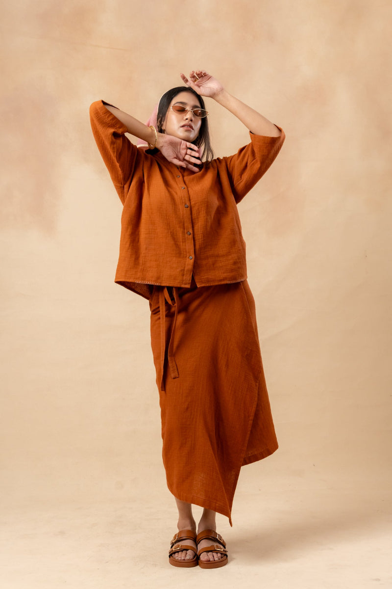 Shirin Organic Cotton Skirt organic cotton gauge by Doodlage in rust color for women in Singapore